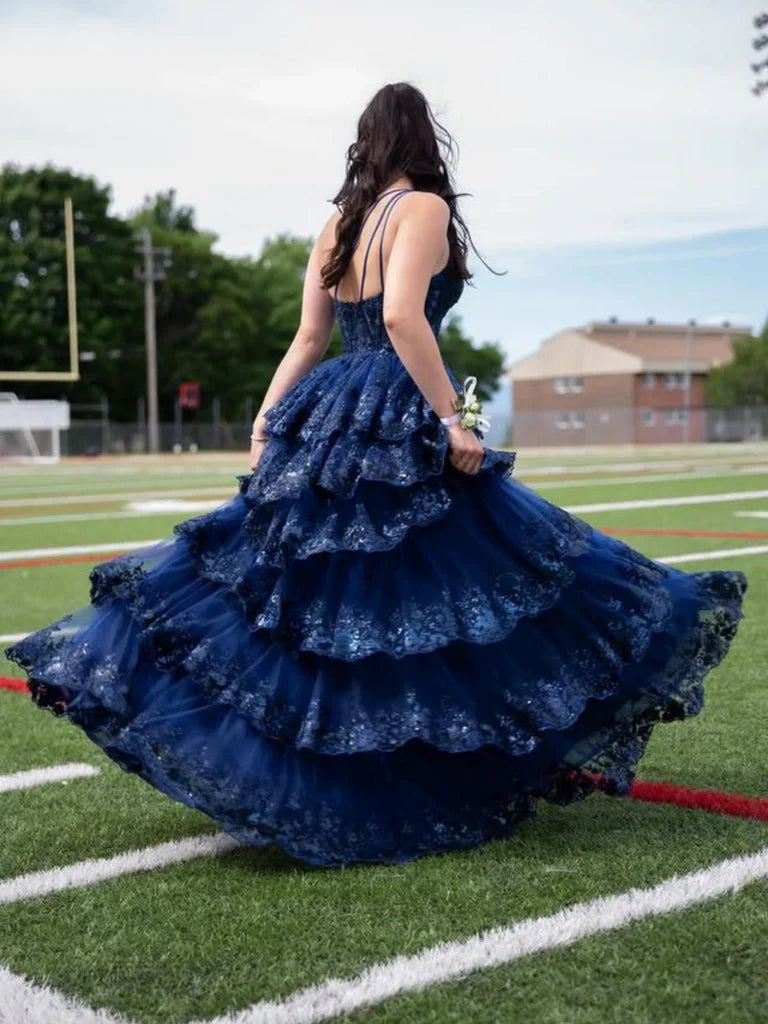 One Shoulder Appliques Ruffle Prom Dress Y6597
