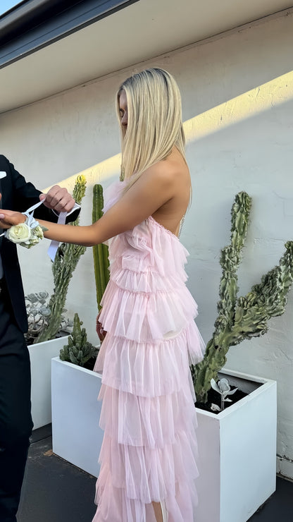 One Shoulder Pink Tulle Ruffle Graduation Dress, Long Senior Prom Dresses 2025,AST1601