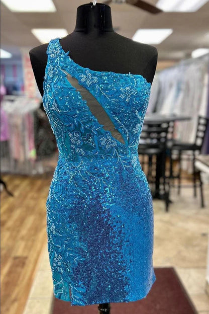 Vintage Blue Sequined Bodycon Design Short Homecoming Dress TP3562