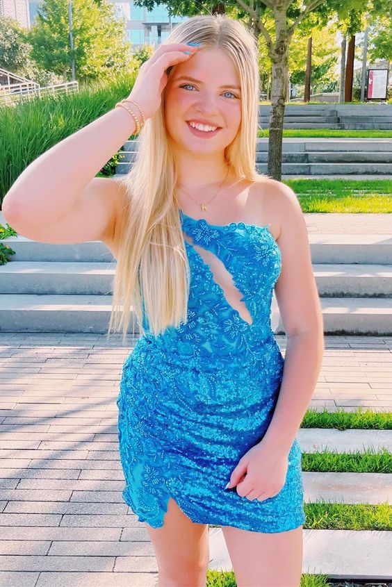 Vintage Blue Sequined Bodycon Design Short Homecoming Dress TP3562