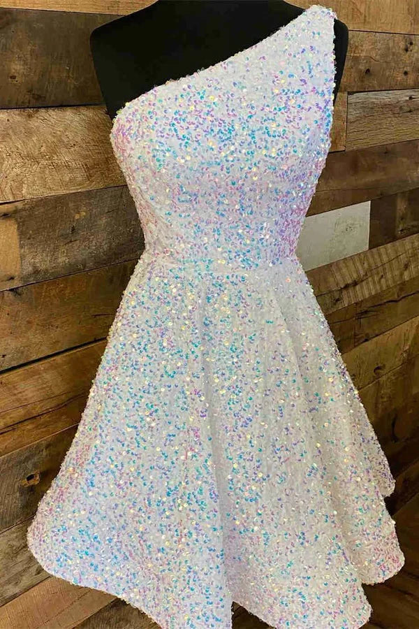 Charming White Sequin One- shoulder Design Cocktail Dress A-line Homecoming Dress TP3617