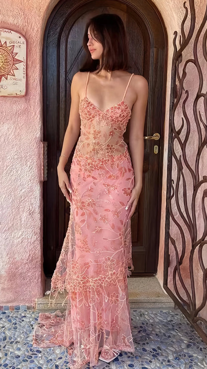 Orange Pink Lace Sheath Long Prom Dresses V-neck Ruffle Evening Formal Dress,AST2082