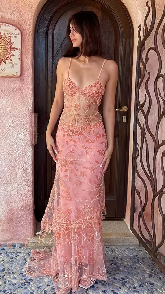 Orange Pink Lace Sheath Long Prom Dresses V-neck Ruffle Evening Formal Dress,AST2082