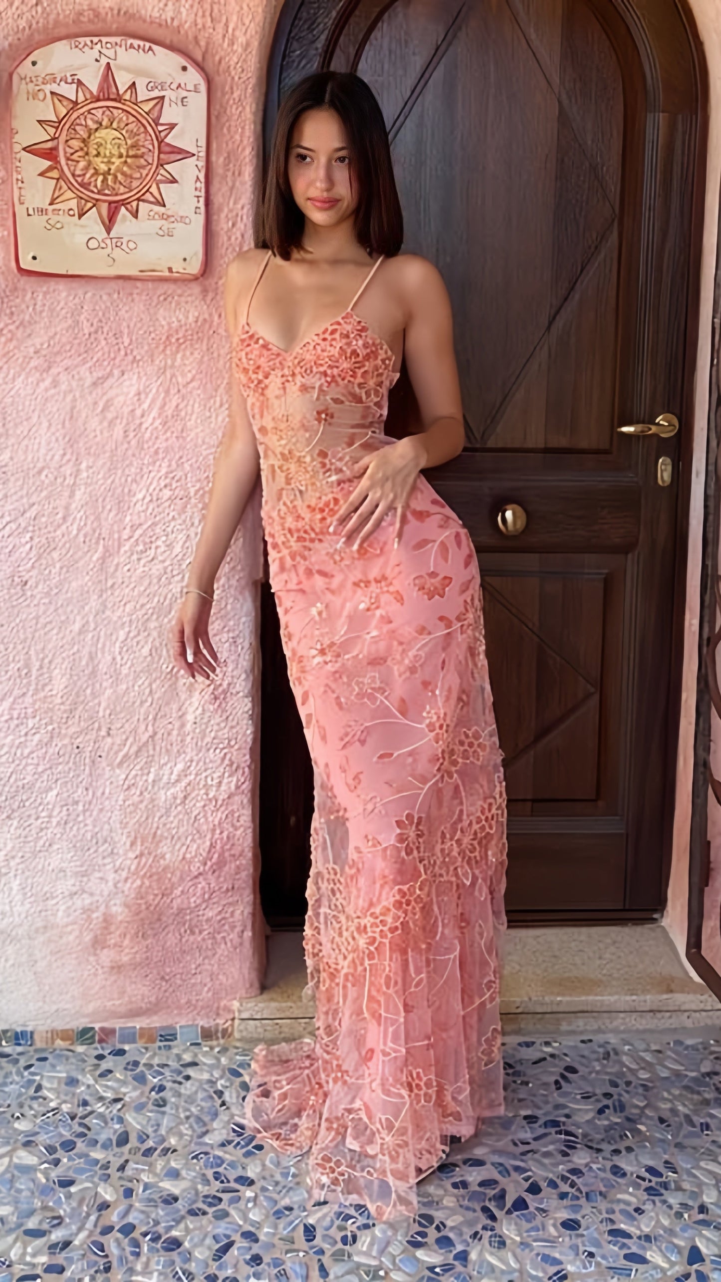 Orange Pink Lace Sheath Long Prom Dresses V-neck Ruffle Evening Formal Dress,AST2082