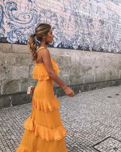 Orange Ruffle Sleeveless Prom Dresses Long Formal Gown