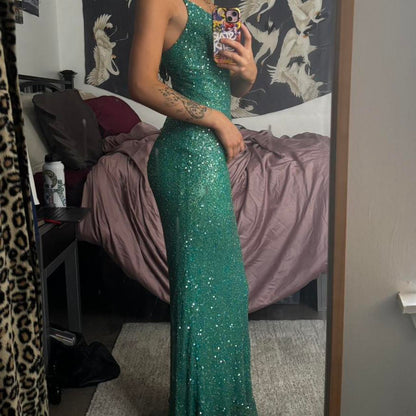 Vintage Turquoise Sheath Evening Gown Glittering Sequin Party Dress Long Formal Dress TP4965