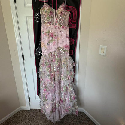 Vintage Pink Floral Sequin Prom Dress Spaghetti Strap Evening Dress Long Sheath Formal Dress TP4645