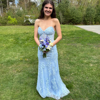 Vintage Blue Sweetheart Prom Dress Applique Strapless Evening Dress Long Sheath Formal Dress TP4648