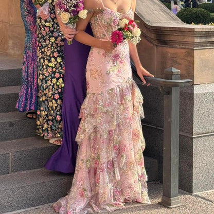 Vintage Pink Floral Sequin Prom Dress Spaghetti Strap Evening Dress Long Sheath Formal Dress TP4645