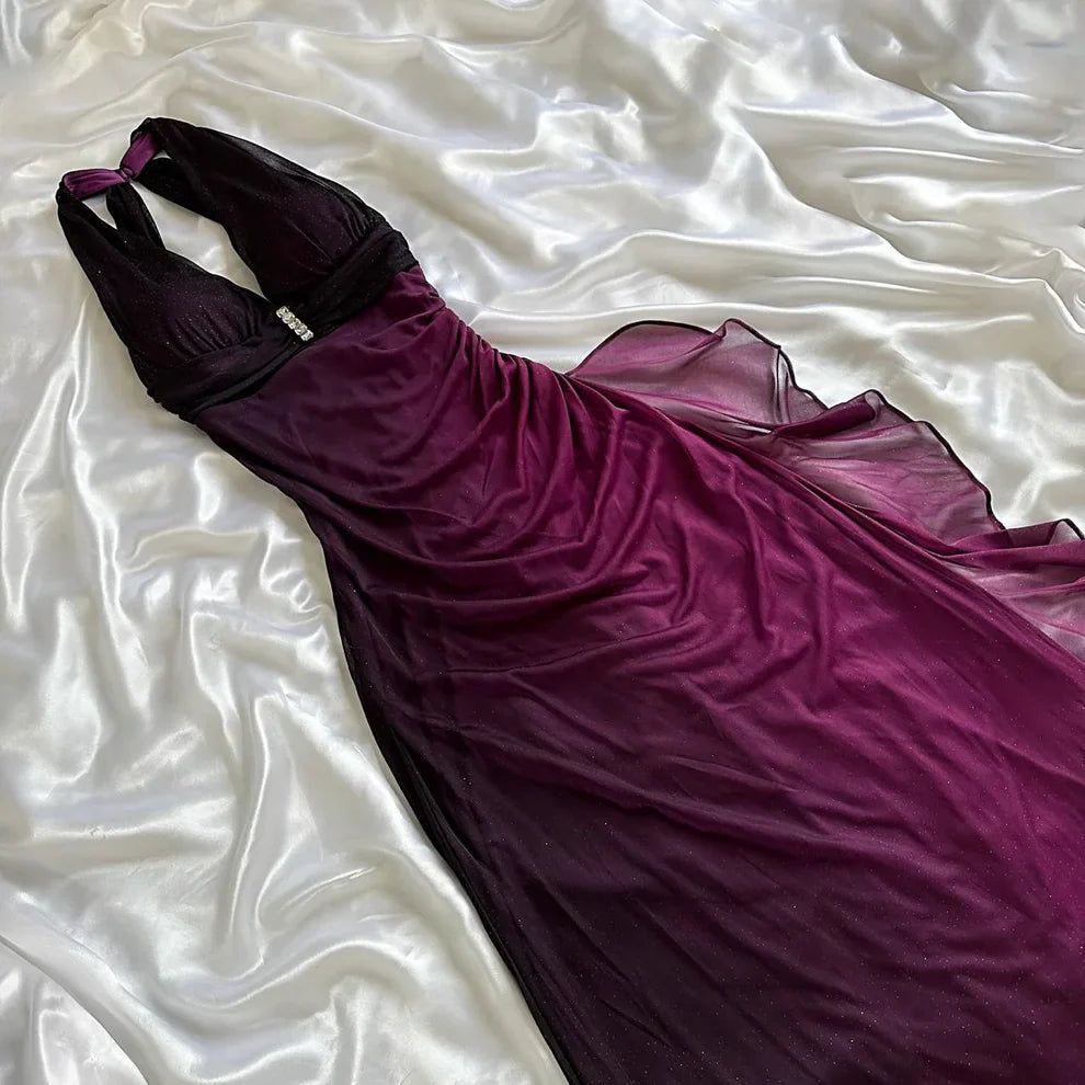 Vintage Gradient Navy Blue/Purple Exquisite Beaded Halter-neck Sheath Prom Dress Evening Dress TP4344