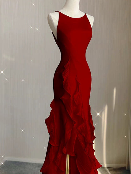 Simple Mermaid Prom Gown With Ruffles Spaghetti Straps Backless Prom Dress For Date P1847