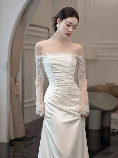 Vintage Mermaid Strapless Long Sleeves White Wedding Dresses P1062