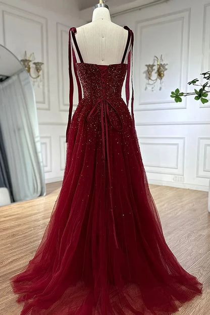 Burgundy Prom Dresses A line Straps Tulle Evening Dresses P1081