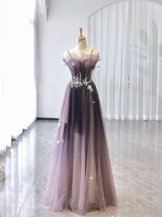 A line Straps Tulle Long Prom Dress Evening Dresses P1086