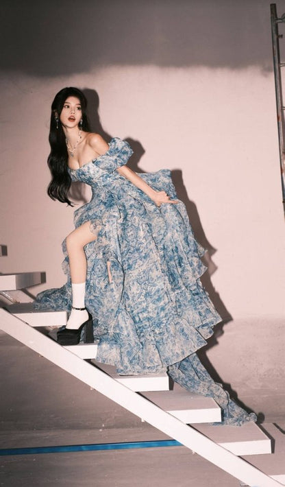 Elegant High Low Blue Floral Prom Dresses Long Formal Dress P1114
