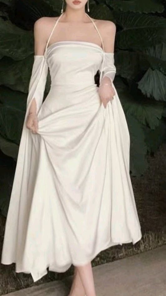 Elegant A line Straps Long Sleeves Silk Satin White Prom Dresses Formal Dress P1122
