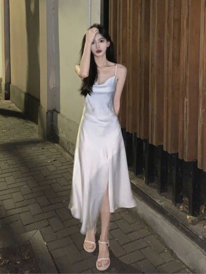 Spaghetti Straps Ivory Satin Mermaid Prom Dresses Side Slit Prom Dress P1170
