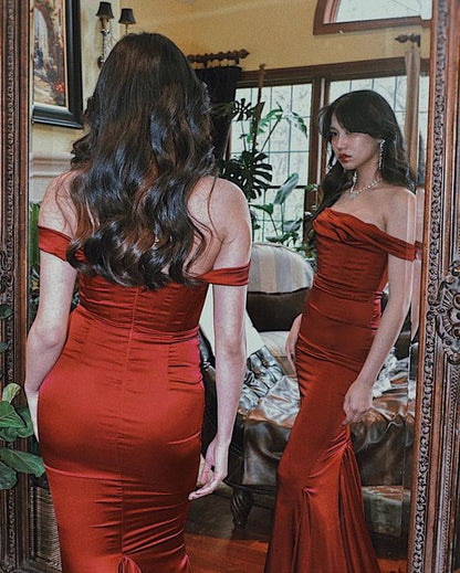 Sexy Mermaid Off The Shoulder Long Burgundy Prom Dresses P1255