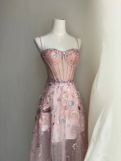 Fairy A line Straps Long Pink Lace Prom Dresses P1260