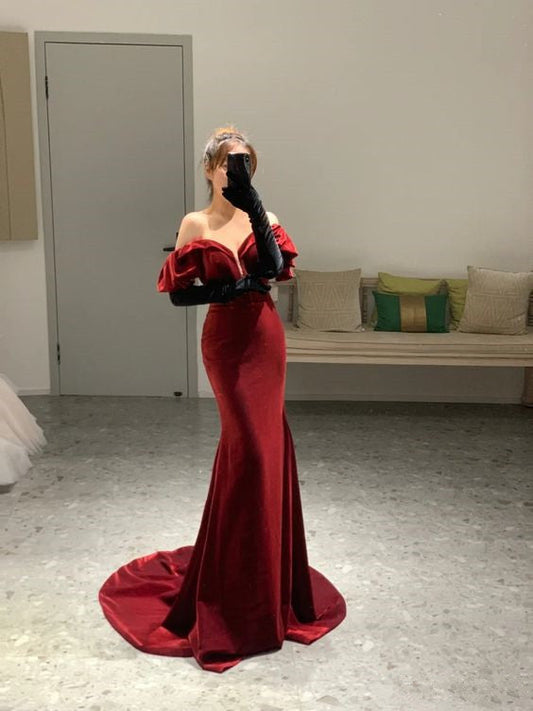 Mermaid Off The Shoulder Burgundy Long Prom Dress P1269