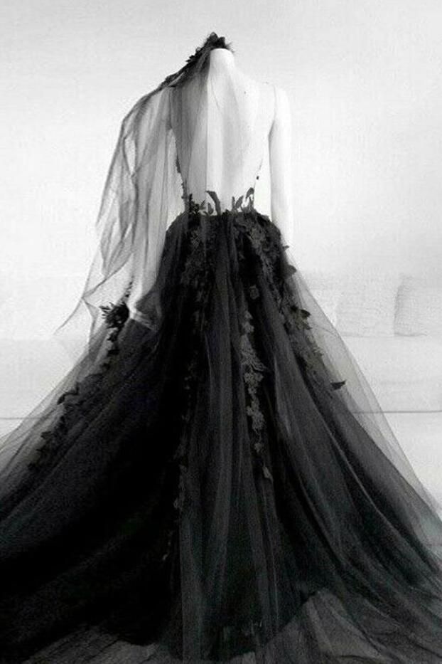 A line Long Black Tulle Lace Prom Dress P1272