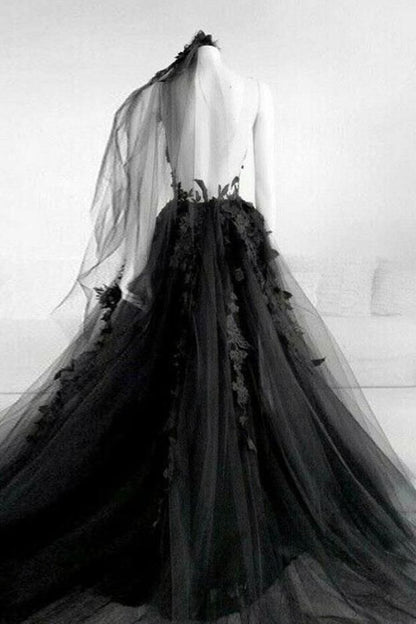 A line Long Black Tulle Lace Prom Dress P1272