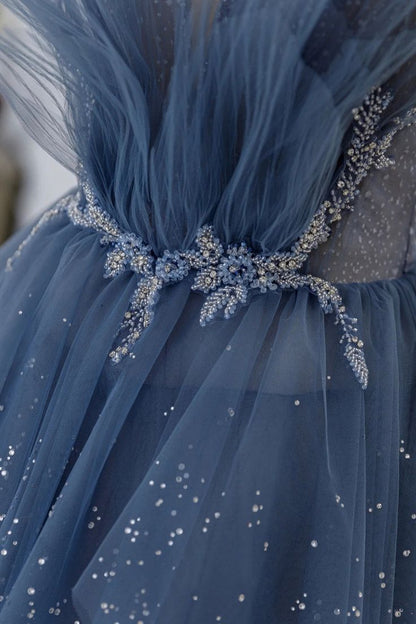 Vintage Blue Tulle Beaded Long Senior Prom Dress A-Line Blue Formal Dress P1307