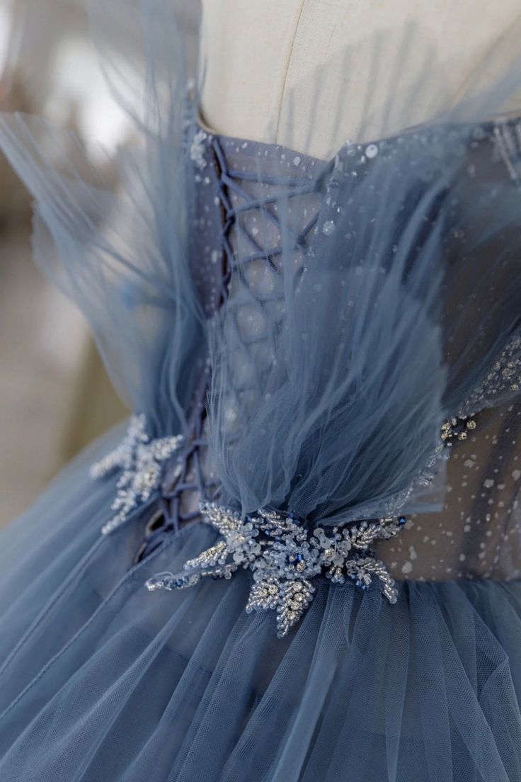 Vintage Blue Tulle Beaded Long Senior Prom Dress A-Line Blue Formal Dress P1307