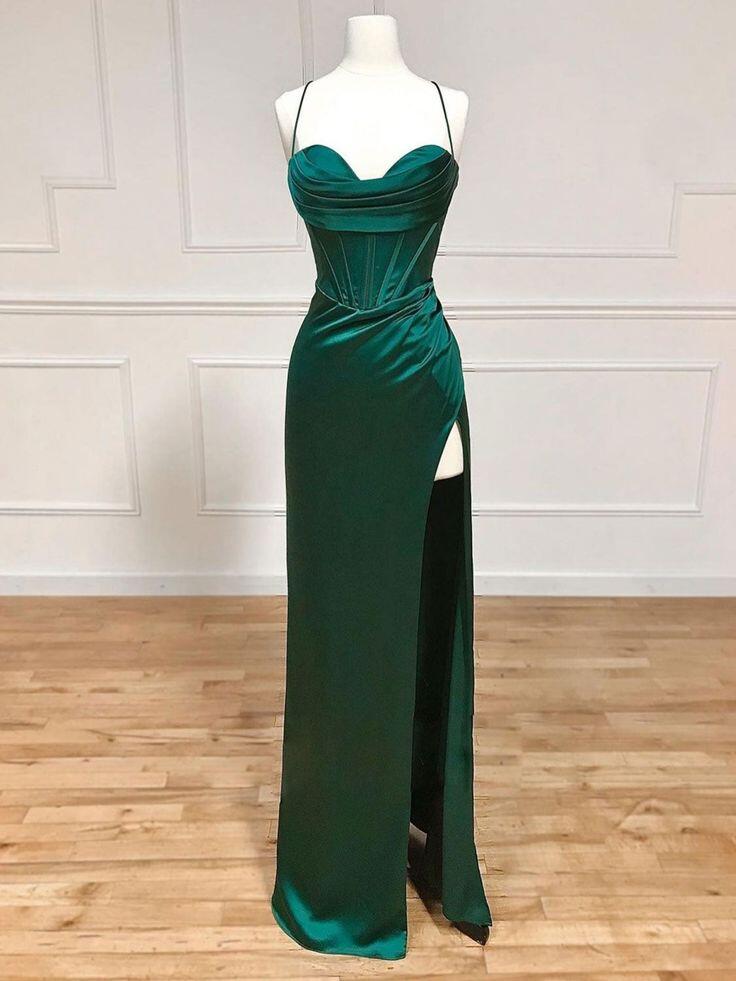 Sexy Mermaid Spaghetti Straps Dark Green Slit Long Prom Dresses P1348