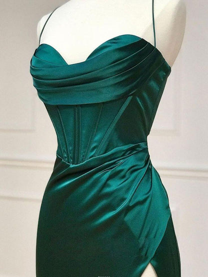 Sexy Mermaid Spaghetti Straps Dark Green Slit Long Prom Dresses P1348
