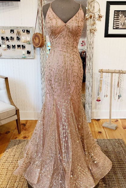 Mermaid V-Neck Long Prom Dress with Criss Cross Back 21st Birthday Outfit P1379