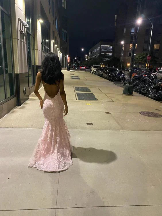 Enchanting Pink Lace Backless Mermaid Long Prom Dress Party Dress Evening Dress TP4490