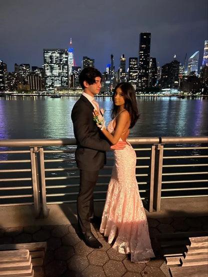 Enchanting Pink Lace Backless Mermaid Long Prom Dress Party Dress Evening Dress TP4490