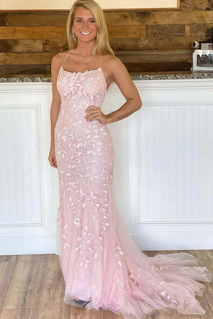 Pink Appliques Mermaid Long Prom Dress 22th Birthday Outfit P1396