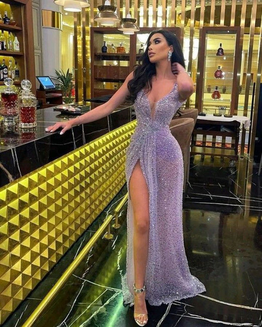 Simple Sheath Straps Sleeveless Sequin Slit Prom Dress P1401