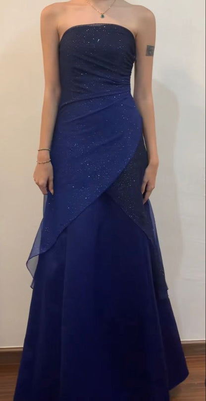 Vintage A line Strapless Navy Blue Long Prom Dress P1437