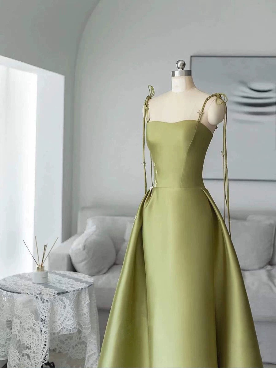 Simple A Line Straps Dark Green Satin Prom Dress P1468