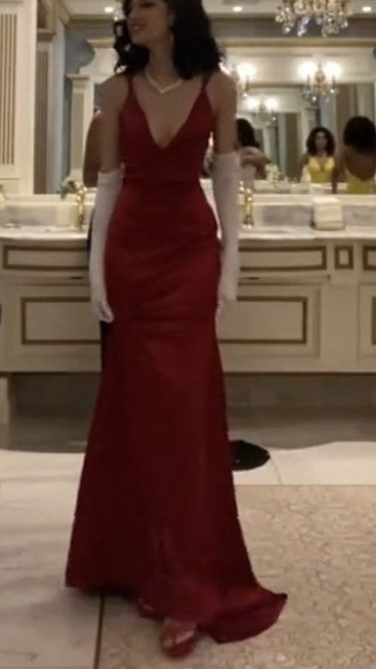 Sexy Mermaid Straps Floor Length Red Prom Dresses P1479