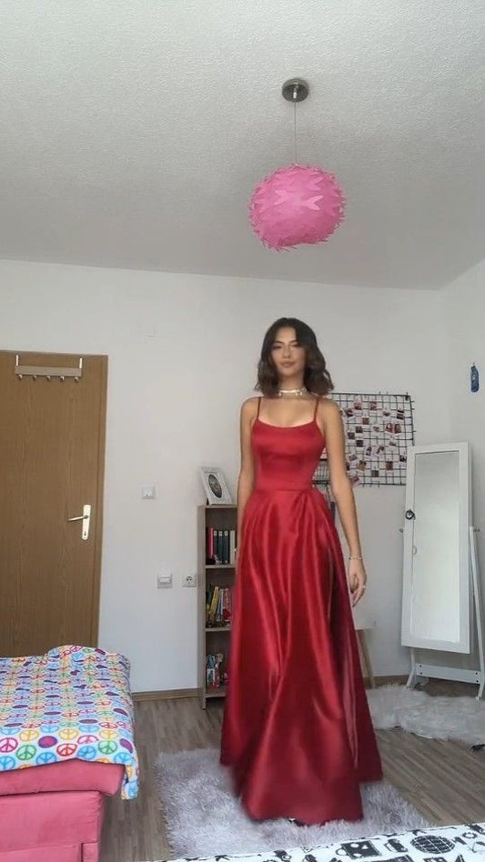 Vintage A Line Straps Floor Length Red Prom Dresses P1484