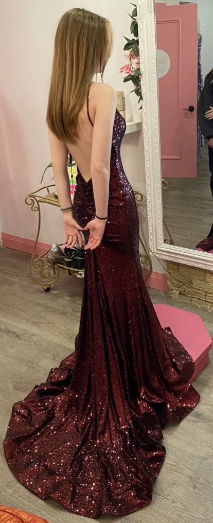 Mermaid Burgundy Sequin Floor Length Prom Dress P1486