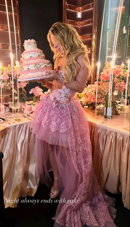 Sexy High Low Sleeveless Lace Pink Prom Dress P1490