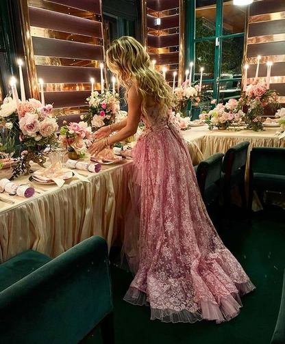 Sexy High Low Sleeveless Lace Pink Prom Dress P1490