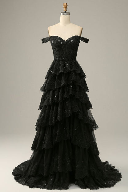 A line Off Shoulder Black Lace Long Prom Dress With High Slit P1513