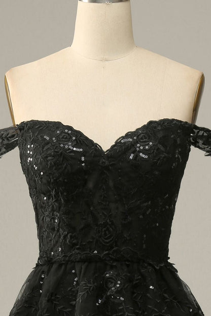 A line Off Shoulder Black Lace Long Prom Dress With High Slit P1513