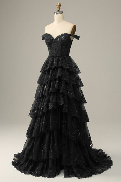 A line Off Shoulder Black Lace Long Prom Dress With High Slit P1513