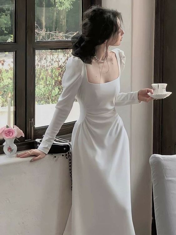 Sexy A line Square Neckline Long Sleeves White Prom Dress P1528