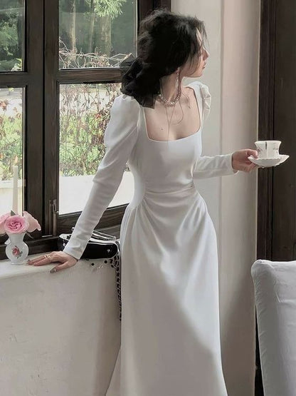 Sexy A line Square Neckline Long Sleeves White Prom Dress P1528