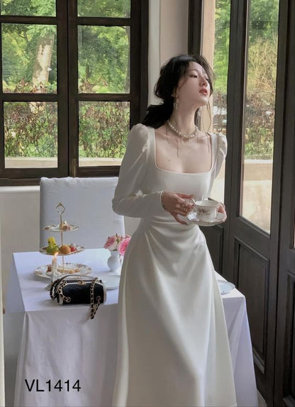 Sexy A line Square Neckline Long Sleeves White Prom Dress P1528