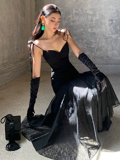 Chic Mermaid Straps Long Black Prom Dress P1548