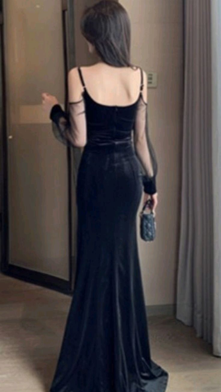 Sexy Mermaid Straps Long Sleeves Black Prom Dresses P1573